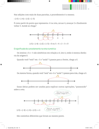 73UNIDADE 3
Nas adições com mais de duas parcelas, o procedimento é o mesmo.
(+5) + (–4) + (+2) + (–3)
É como partir do ponto que representa +5 na reta, recuar 4, avançar 2 e finalmente
voltar 3. Aonde se chega?
(+5) + (–4) + (+2) + (–3) = 0 ou 5 – 4 + 2 – 3 = 0
O significado do cancelamento na reta numérica
Os inteiros +5 e –5 são simétricos em relação a 0, isto é, estão à mesma distân-
cia da origem 0.
Quando você “está” em –5 e “anda” 5 passos para a frente, chega a 0.
Da mesma forma, quando você “está” em +5 e “anda” 5 passos para trás, chega a 0.
Parti do +5 e recuei
4 passos. Cheguei ao +1.
Parti do -4 e avancei
5 passos. Cheguei ao +1.
+5+1–4
Essas ideias podem ser usadas para explicar outras operações, “passeando”
sobre a reta.
(+5) + (–4) = (–4) + (+5) = +1
São caminhos diferentes que levam ao mesmo ponto.
+5–5 0
10 2 3 4 5
+5–5 0
llustrações:©R2Editorial
00_Book Mat_VOL 3.indb 73 01/08/14 08:56
 