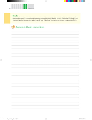 84 UNIDADE 3
Desafio
Alternativa correta: c. Segundo o enunciado, tem-se 5 + 3 = 8 (Cláudio), 12 – 2 = 10 (Nina) e 10 – 2 = 8 (Tito).
Portanto, a alternativa correta é a que diz que Cláudio e Tito estão na mesma casa do tabuleiro.
00_Book Mat_VOL 3.indb 84 01/08/14 08:57
 