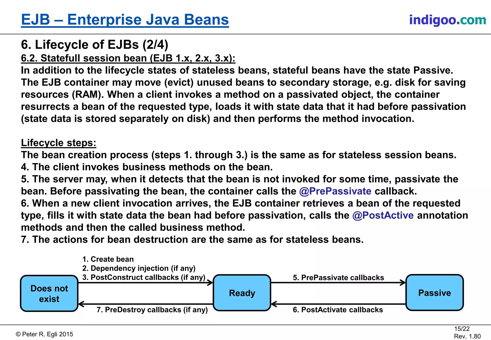 © Peter R. Egli 2015
15/22
Rev. 1.80
EJB – Enterprise Java Beans indigoo.com
6. Lifecycle of EJBs (2/4)
6.2. Statefull session bean (EJB 1.x, 2.x, 3.x):
In addition to the lifecycle states of stateless beans, stateful beans have the state Passive.
The EJB container may move (evict) unused beans to secondary storage, e.g. disk for saving
resources (RAM). When a client invokes a method on a passivated object, the container
resurrects a bean of the requested type, loads it with state data that it had before passivation
(state data is stored separately on disk) and then performs the method invocation.
Lifecycle steps:
The bean creation process (steps 1. through 3.) is the same as for stateless session beans.
4. The client invokes business methods on the bean.
5. The server may, when it detects that the bean is not invoked for some time, passivate the
bean. Before passivating the bean, the container calls the @PrePassivate callback.
6. When a new client invocation arrives, the EJB container retrieves a bean of the requested
type, fills it with state data the bean had before passivation, calls the @PostActive annotation
methods and then the called business method.
7. The actions for bean destruction are the same as for stateless beans.
1. Create bean
2. Dependency injection (if any)
3. PostConstruct callbacks (if any)
Does not
exist
Ready
7. PreDestroy callbacks (if any)
Passive
5. PrePassivate callbacks
6. PostActivate callbacks
 