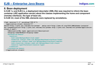 © Peter R. Egli 2015
19/22
Rev. 1.80
EJB – Enterprise Java Beans indigoo.com
8. Bean deployment
In EJB 1.x and EJB 2.x, a deployment descriptor (XML-file) was required to inform the bean
container (JEE application server) about the classes implementing the home and component
(remote) interfaces, the type of bean etc.
In EJB 3.0, most of the XML elements were replaced by annotations.
<?xml version="1.0" encoding="UTF-8"?>
<application-client version="5"
xmlns="http://java.sun.com/xml/ns/javaee" xmlns:xsi="http://www.w3.org/2001/XMLSchema-instance"
xsi:schemaLocation="http://java.sun.com/xml/ns/javaee http://java.sun.com/xml/ns/javaee/application-
client_5.xsd">
<description>My super application</description>
<display-name>MrBean</display-name>
<enterprise-beans>
<session>
<ejb-name>MySuperBean</ejb-name>
<home>com.indigoo.wsmw.ejb.MySuperBeanHomeInterface</home>
<remote>com.indigoo.wsmw.ejb.MySuperBeanInterface</remote>
<ejb-class>com.indigoo.wsmw.ejb.MySuperBean</ejb-class>
<session-type>Stateless</session-type>
</session>
</enterprise-beans>
</application-client>
 