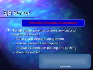 EJB Server
EJB Server
EJB Server
 The EJB Server provides system services and
The EJB Server provides system services and
manages resources
manages resources
– Process and thread management
Process and thread management
– System resources management
System resources management
– Database connection pooling and caching
Database connection pooling and caching
– Management API
Management API
Provides a Runtime Environment
 