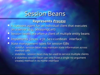 Session Beans
Session Beans
Represents
Represents Process
Process
 A transient agent for an individual client that executes
A transient agent for an individual client that executes
on a server (e.g., ShoppingCart)
on a server (e.g., ShoppingCart)
 Session beans are often a client of multiple entity beans
Session beans are often a client of multiple entity beans

Implements
Implements javax.ejb.SessionBean
javax.ejb.SessionBean interface
interface
 State management types for session EJBs
State management types for session EJBs
– stateful - session bean may maintain state information across
stateful - session bean may maintain state information across
method calls
method calls
– stateless - session bean may be used to service multiple clients
stateless - session bean may be used to service multiple clients
– a stateless session bean can only have a single no-argument
a stateless session bean can only have a single no-argument
create() method in its Home interface
create() method in its Home interface
 