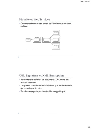 09/12/2010




Sécurité et WebServices
   Comment sécuriser des appels de Web Services de bout
    en bout




XML Signature et XML Encryption
   Permettent le transfert de documents XML entre des
    noeuds inconnus
   Les parties cryptées ne seront lisibles que par les noeuds
    qui connaissent les clés.
   Tout le message n'a pas besoin d'être crypté/signé




                                                                        27
 