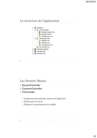 09/12/2010




La structure de l’application




Les Session Beans
   AccountController
   CustomerController
   TxController

       Implantation des méthodes métiers de l’application
       Facade pour les clients
       Masquent la représentation du modèle




                                                                    33
 