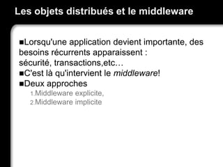 Les objets distribués et le middleware
Lorsqu'une application devient importante, des
besoins récurrents apparaissent :
sécurité, transactions,etc…
C'est là qu'intervient le middleware!
Deux approches
1.Middleware explicite,
2.Middleware implicite
 
