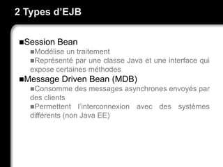 2 Types d’EJB
Session Bean
Modélise un traitement
Représenté par une classe Java et une interface qui
expose certaines méthodes
Message Driven Bean (MDB)
Consomme des messages asynchrones envoyés par
des clients
Permettent l’interconnexion avec des systèmes
différents (non Java EE)
 