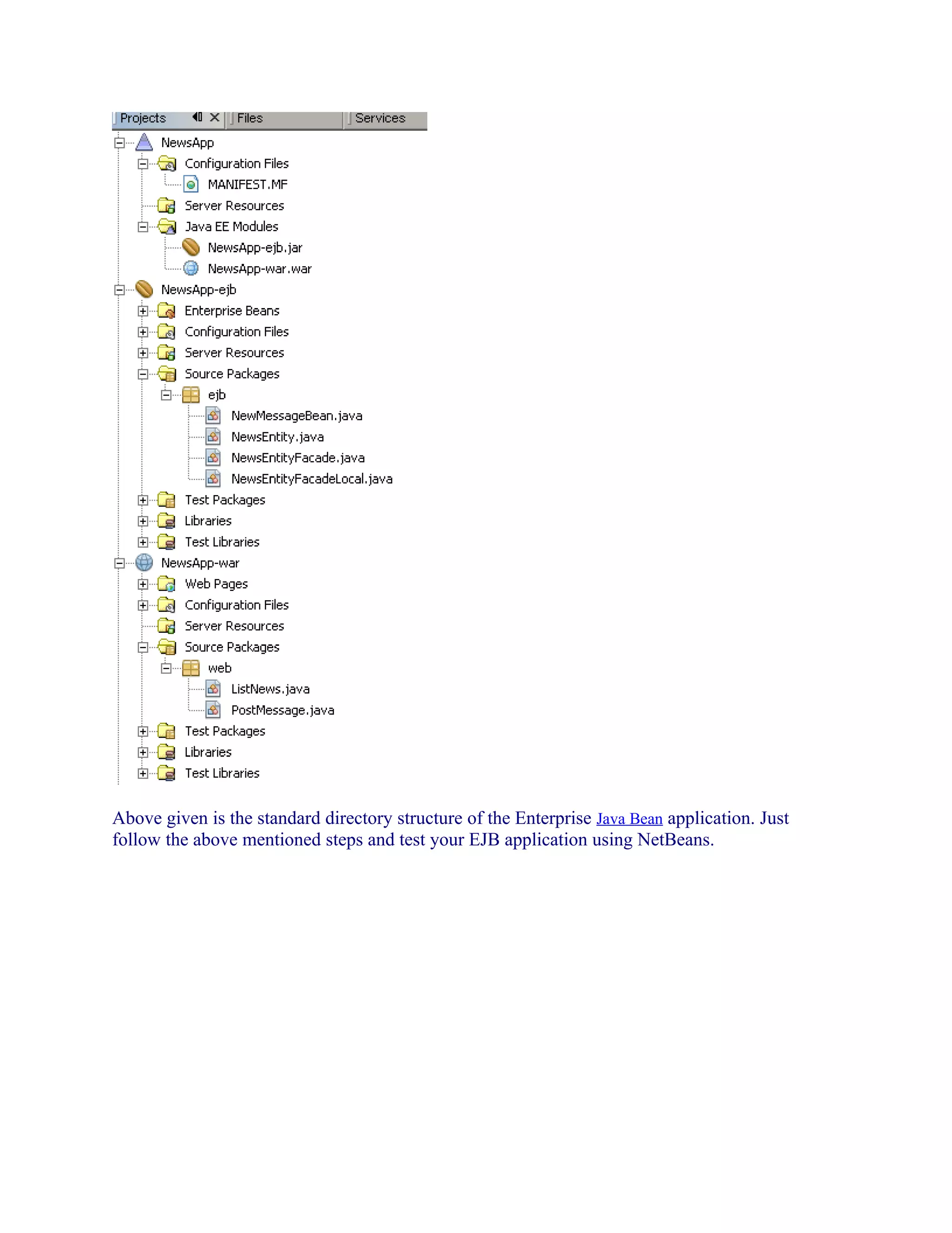 Above given is the standard directory structure of the Enterprise Java Bean application. Just
follow the above mentioned steps and test your EJB application using NetBeans.

 