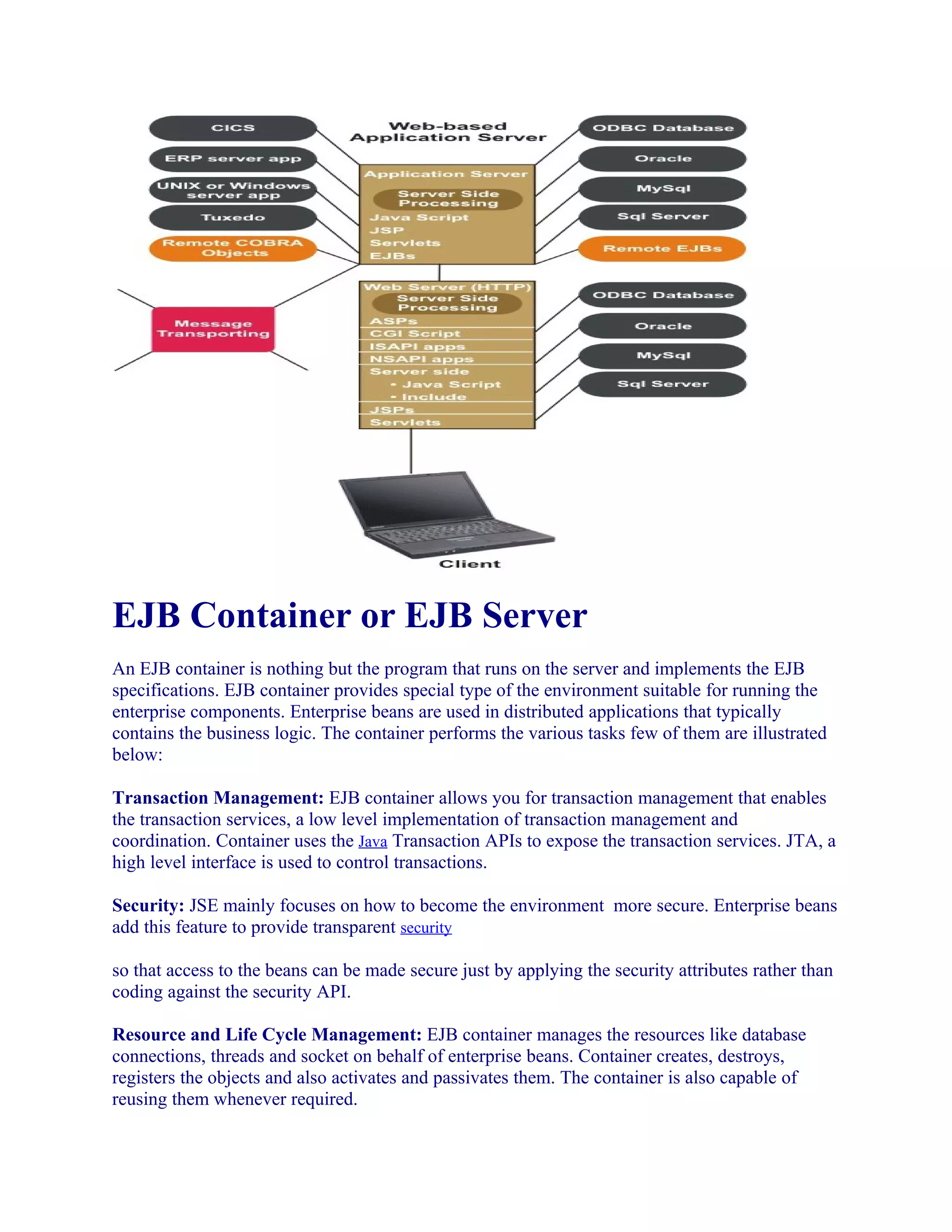 EJB Container or EJB Server
An EJB container is nothing but the program that runs on the server and implements the EJB
specifications. EJB container provides special type of the environment suitable for running the
enterprise components. Enterprise beans are used in distributed applications that typically
contains the business logic. The container performs the various tasks few of them are illustrated
below:
Transaction Management: EJB container allows you for transaction management that enables
the transaction services, a low level implementation of transaction management and
coordination. Container uses the Java Transaction APIs to expose the transaction services. JTA, a
high level interface is used to control transactions.
Security: JSE mainly focuses on how to become the environment more secure. Enterprise beans
add this feature to provide transparent security
so that access to the beans can be made secure just by applying the security attributes rather than
coding against the security API.
Resource and Life Cycle Management: EJB container manages the resources like database
connections, threads and socket on behalf of enterprise beans. Container creates, destroys,
registers the objects and also activates and passivates them. The container is also capable of
reusing them whenever required.

 