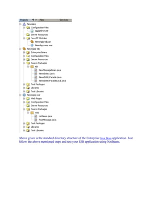 Above given is the standard directory structure of the Enterprise Java Bean application. Just
follow the above mentioned steps and test your EJB application using NetBeans.

 