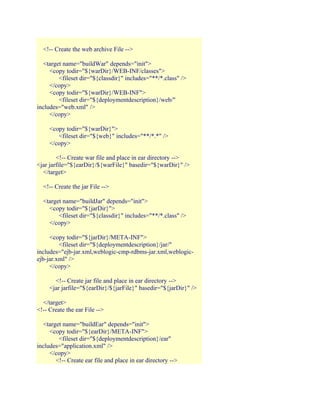 <!-- Create the web archive File -->
<target name="buildWar" depends="init">
<copy todir="${warDir}/WEB-INF/classes">
<fileset dir="${classdir}" includes="**/*.class" />
</copy>
<copy todir="${warDir}/WEB-INF">
<fileset dir="${deploymentdescription}/web/"
includes="web.xml" />
</copy>
<copy todir="${warDir}">
<fileset dir="${web}" includes="**/*.*" />
</copy>
<!-- Create war file and place in ear directory -->
<jar jarfile="${earDir}/${warFile}" basedir="${warDir}" />
</target>
<!-- Create the jar File -->
<target name="buildJar" depends="init">
<copy todir="${jarDir}">
<fileset dir="${classdir}" includes="**/*.class" />
</copy>
<copy todir="${jarDir}/META-INF">
<fileset dir="${deploymentdescription}/jar/"
includes="ejb-jar.xml,weblogic-cmp-rdbms-jar.xml,weblogicejb-jar.xml" />
</copy>
<!-- Create jar file and place in ear directory -->
<jar jarfile="${earDir}/${jarFile}" basedir="${jarDir}" />
</target>
<!-- Create the ear File -->
<target name="buildEar" depends="init">
<copy todir="${earDir}/META-INF">
<fileset dir="${deploymentdescription}/ear"
includes="application.xml" />
</copy>
<!-- Create ear file and place in ear directory -->

 