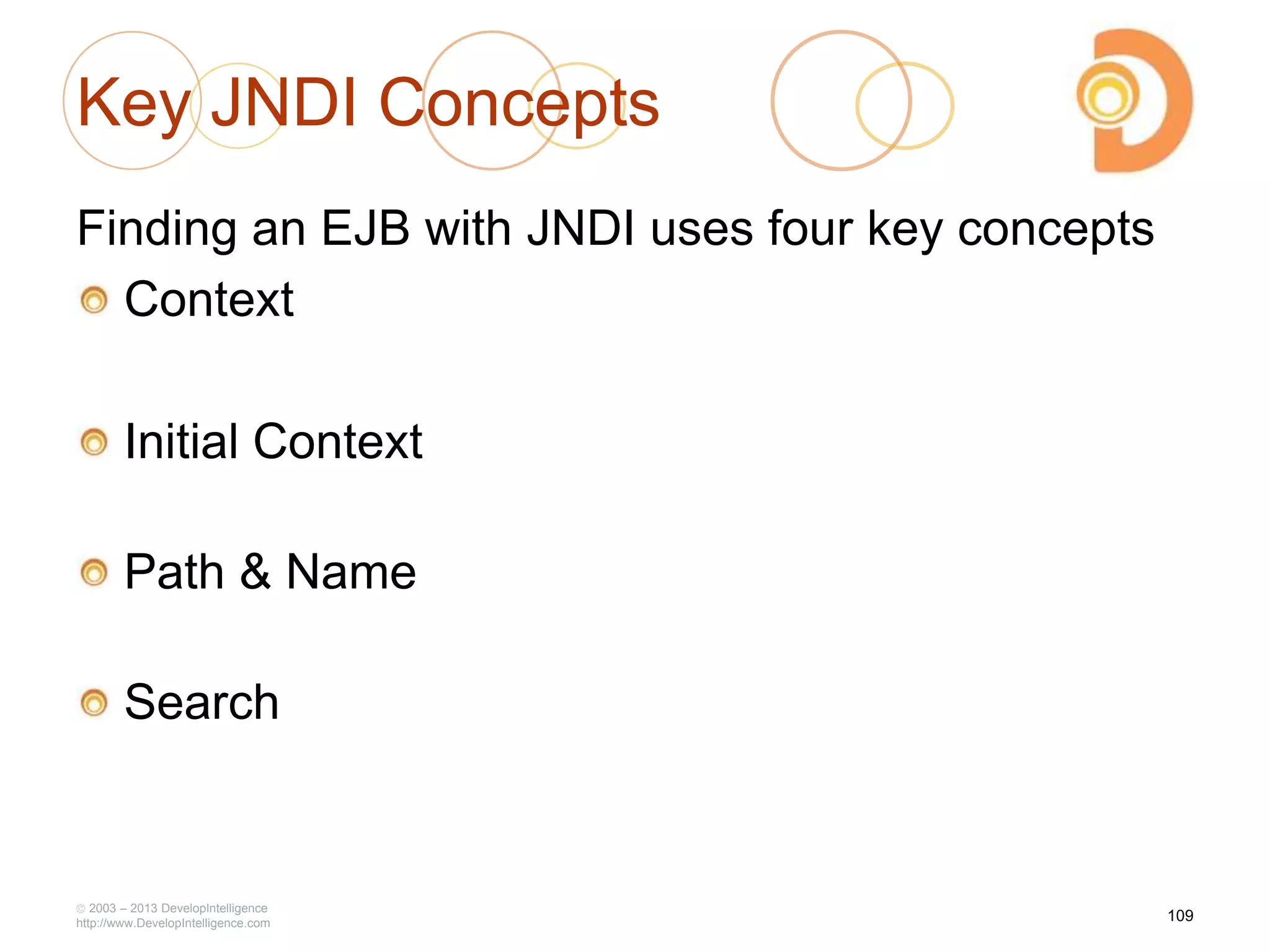 Key JNDI Concepts
Finding an EJB with JNDI uses four key concepts
Context
Initial Context
Path & Name
Search
2003 – 2013 DevelopIntelligence
http://www.DevelopIntelligence.com
109
 