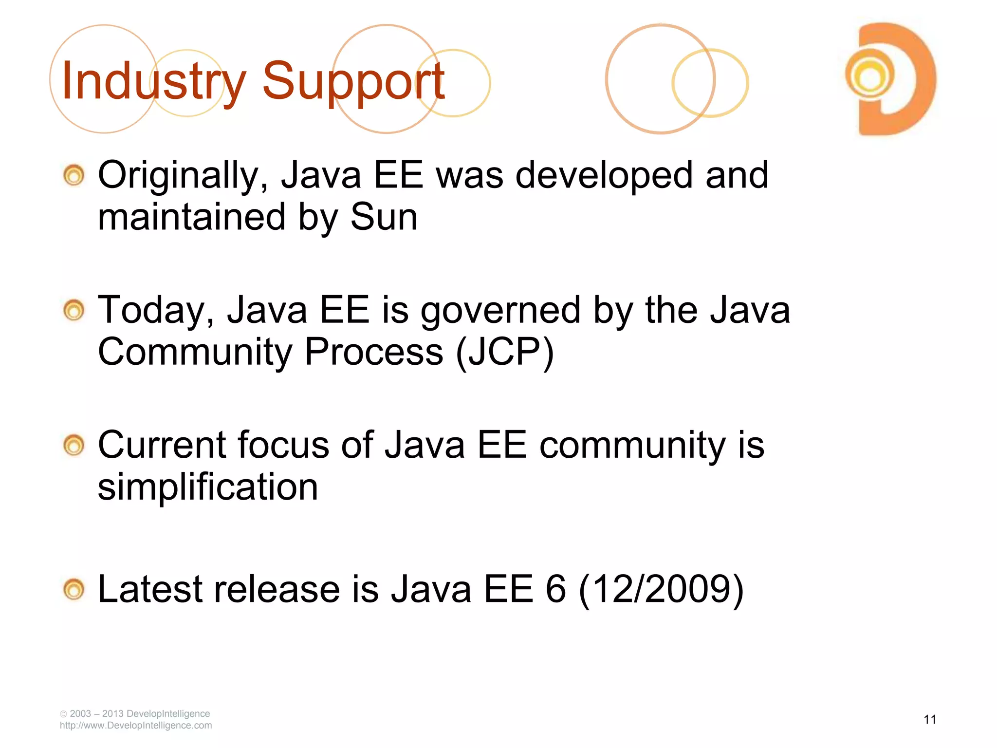2003 – 2013 DevelopIntelligence
http://www.DevelopIntelligence.com
Industry Support
Originally, Java EE was developed and
maintained by Sun
Today, Java EE is governed by the Java
Community Process (JCP)
Current focus of Java EE community is
simplification
Latest release is Java EE 6 (12/2009)
11
 