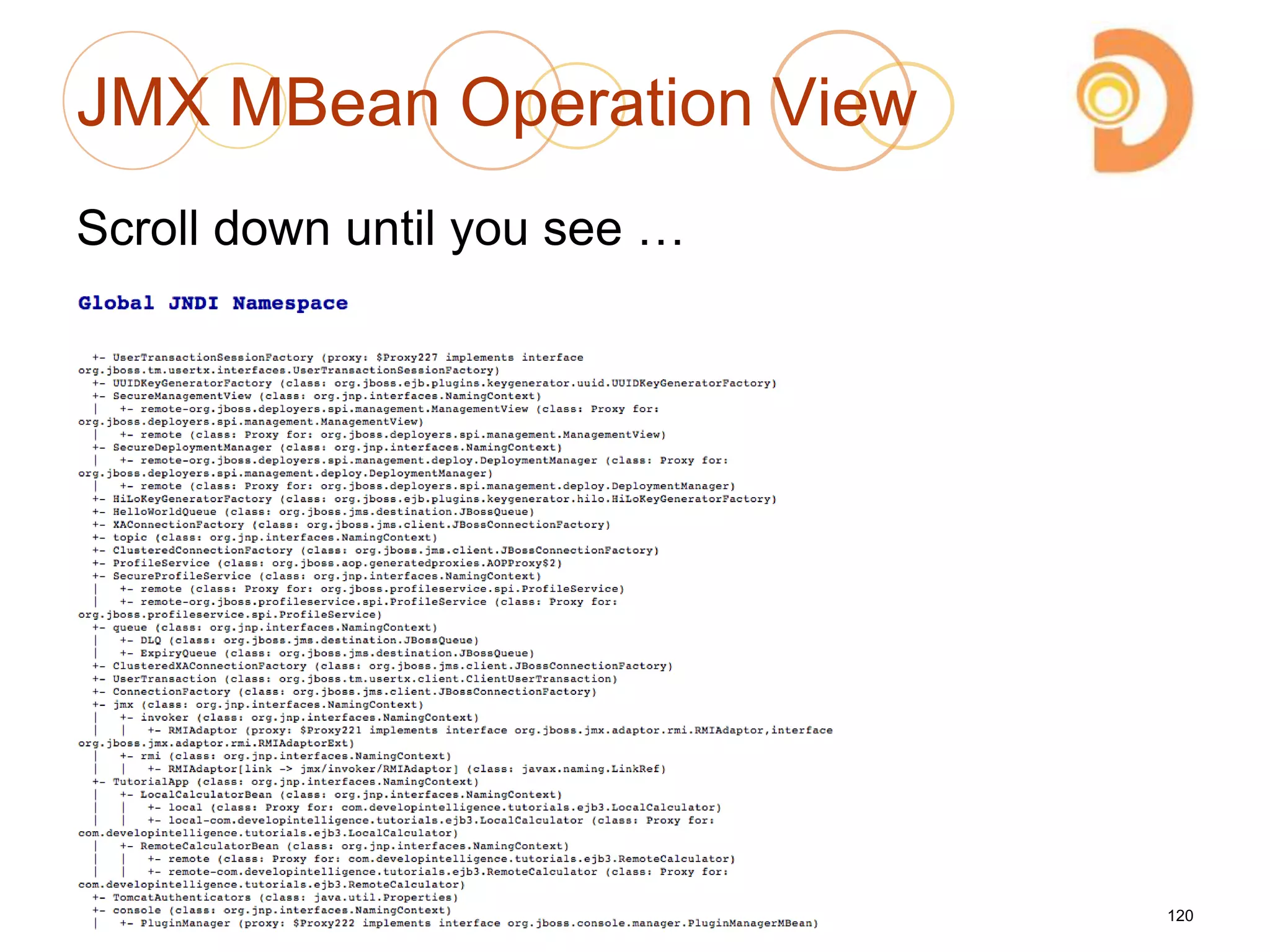 JMX MBean Operation View
Scroll down until you see …
2003 – 2013 DevelopIntelligence
http://www.DevelopIntelligence.com
120
 