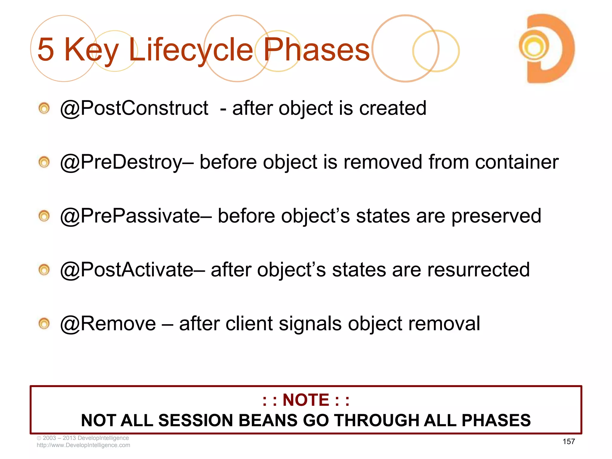 5 Key Lifecycle Phases
@PostConstruct - after object is created
@PreDestroy– before object is removed from container
@PrePassivate– before object‘s states are preserved
@PostActivate– after object‘s states are resurrected
@Remove – after client signals object removal
2003 – 2013 DevelopIntelligence
http://www.DevelopIntelligence.com
: : NOTE : :
NOT ALL SESSION BEANS GO THROUGH ALL PHASES
157
 