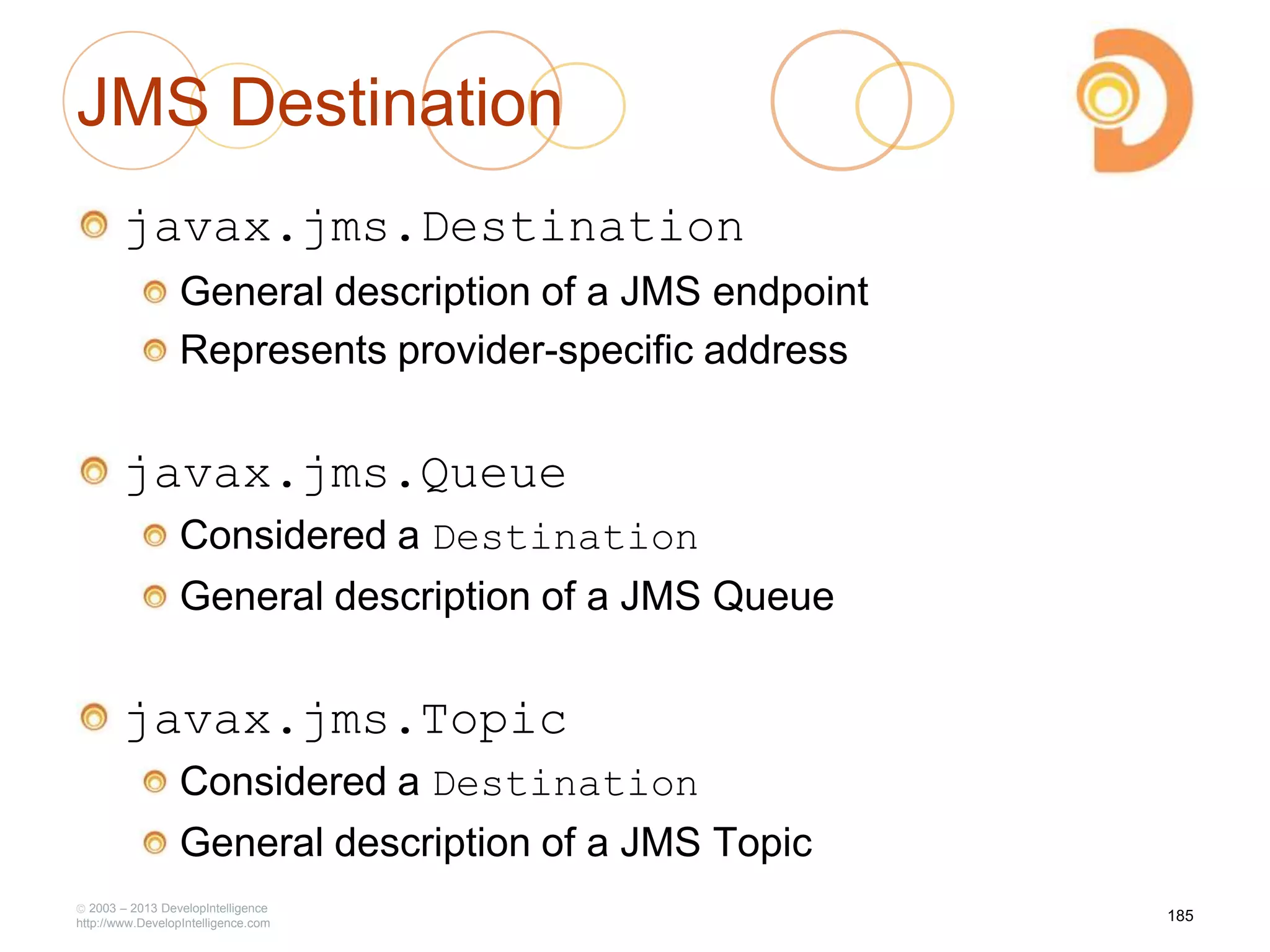 JMS Destination
javax.jms.Destination
General description of a JMS endpoint
Represents provider-specific address
javax.jms.Queue
Considered a Destination
General description of a JMS Queue
javax.jms.Topic
Considered a Destination
General description of a JMS Topic
2003 – 2013 DevelopIntelligence
http://www.DevelopIntelligence.com
185
 
