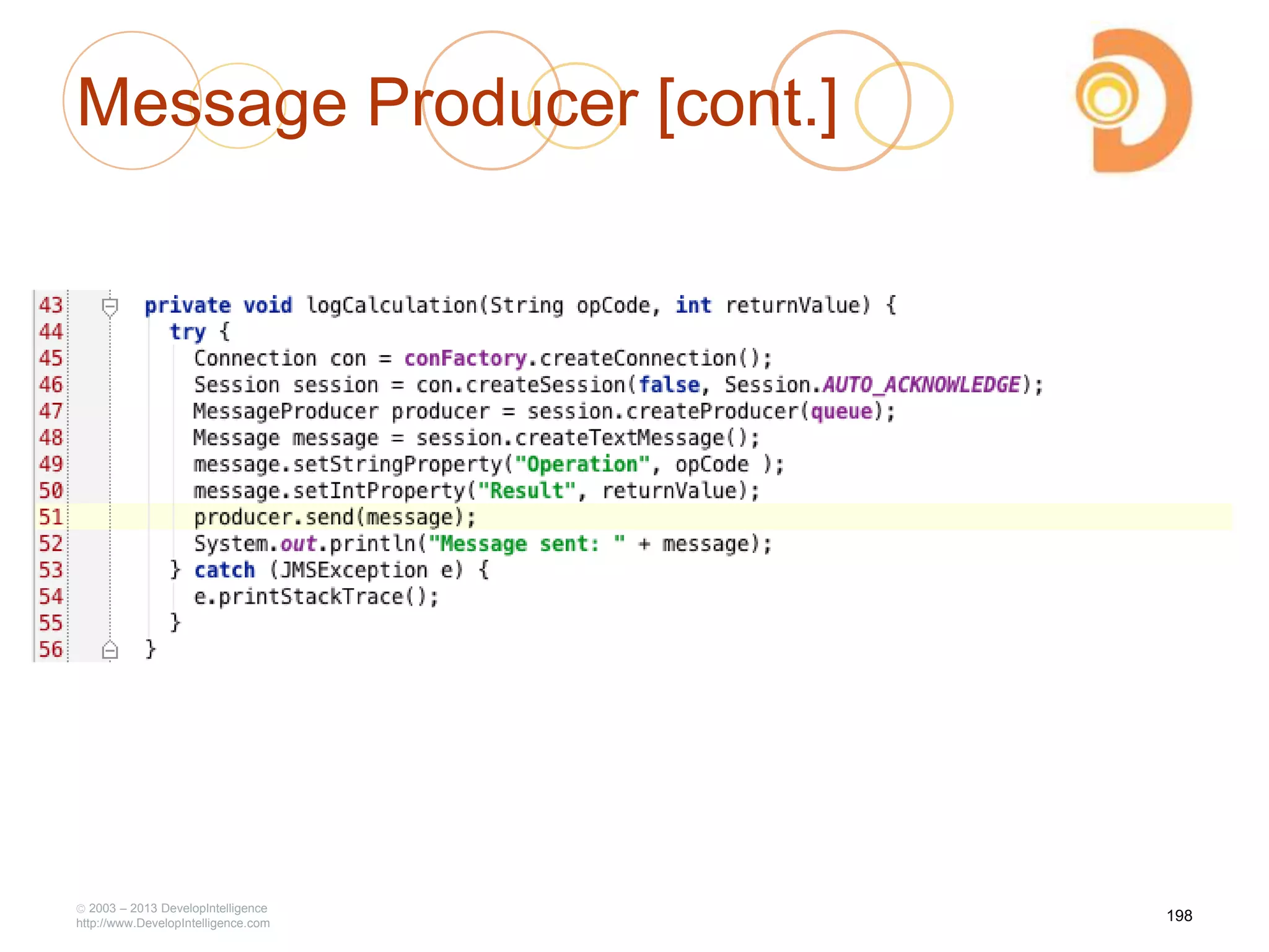 Message Producer [cont.]
2003 – 2013 DevelopIntelligence
http://www.DevelopIntelligence.com
198
 