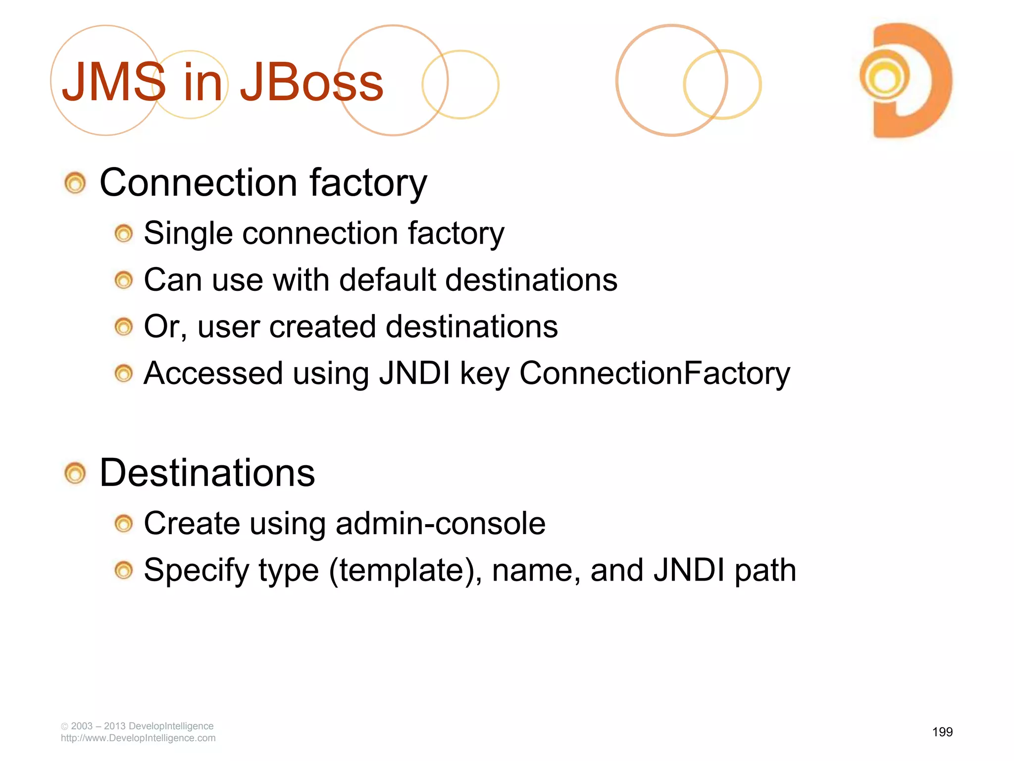 JMS in JBoss
Connection factory
Single connection factory
Can use with default destinations
Or, user created destinations
Accessed using JNDI key ConnectionFactory
Destinations
Create using admin-console
Specify type (template), name, and JNDI path
2003 – 2013 DevelopIntelligence
http://www.DevelopIntelligence.com
199
 