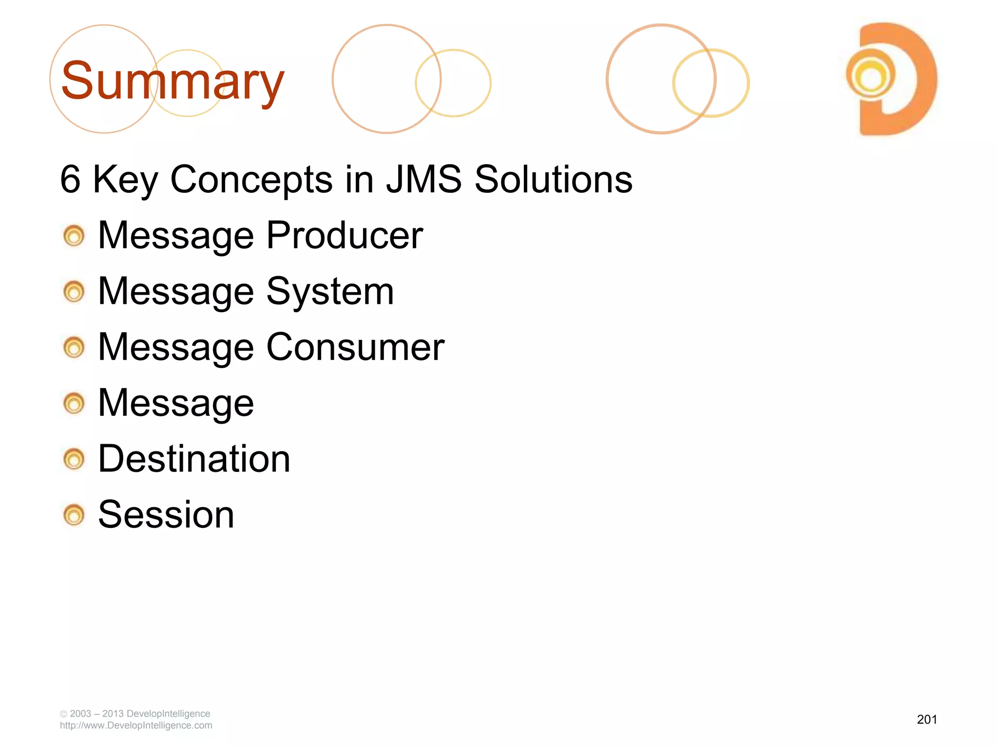 Summary
6 Key Concepts in JMS Solutions
Message Producer
Message System
Message Consumer
Message
Destination
Session
2003 – 2013 DevelopIntelligence
http://www.DevelopIntelligence.com
201
 