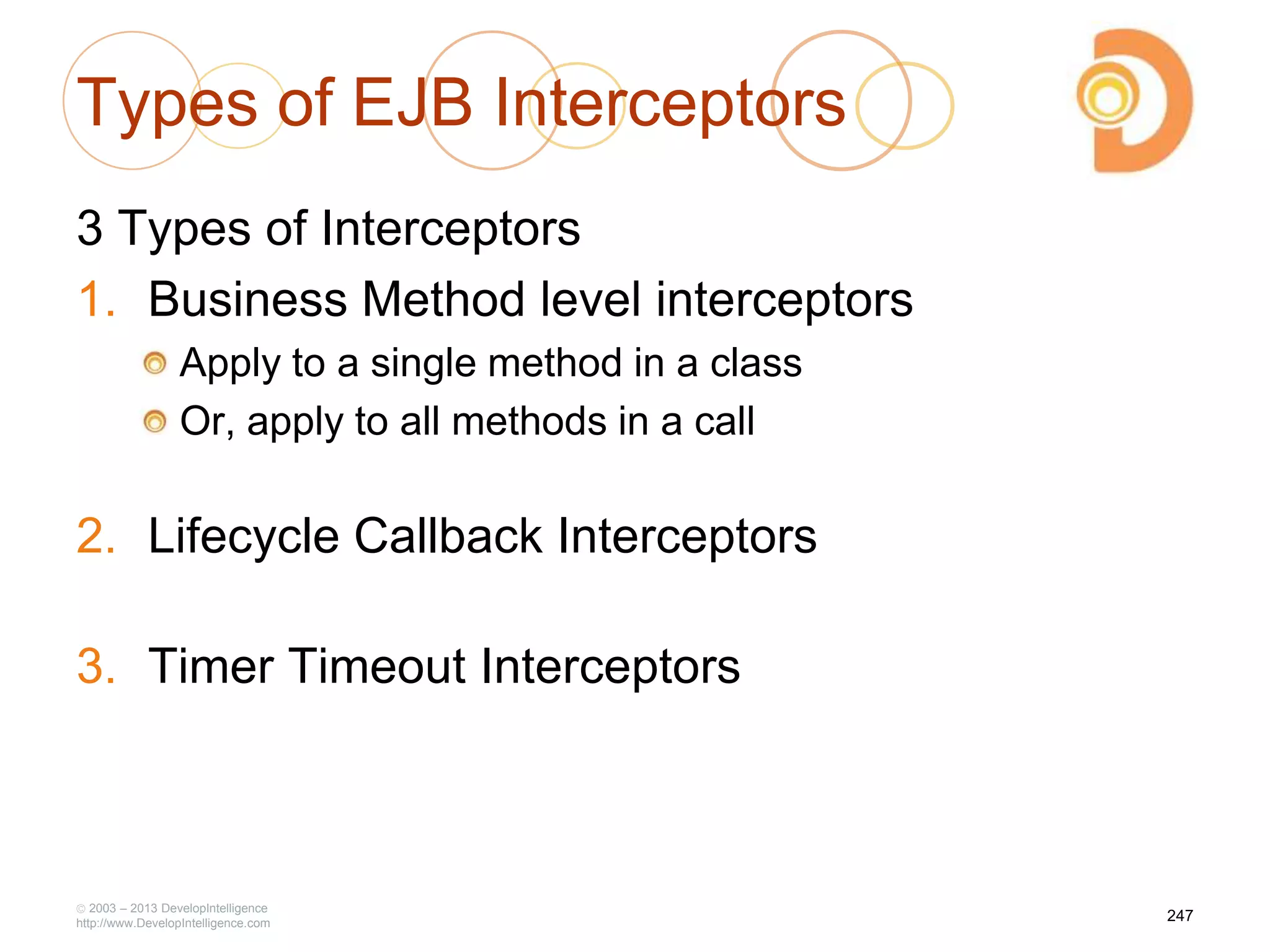Types of EJB Interceptors
3 Types of Interceptors
1. Business Method level interceptors
Apply to a single method in a class
Or, apply to all methods in a call
2. Lifecycle Callback Interceptors
3. Timer Timeout Interceptors
2003 – 2013 DevelopIntelligence
http://www.DevelopIntelligence.com
247
 