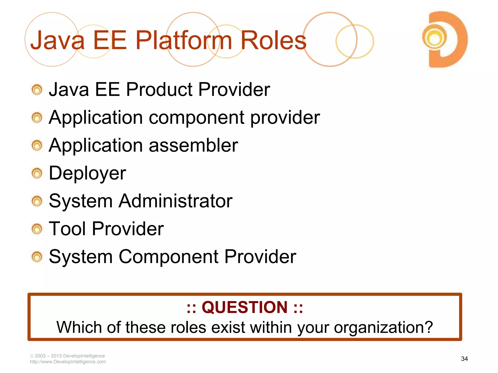 2003 – 2013 DevelopIntelligence
http://www.DevelopIntelligence.com
Java EE Platform Roles
Java EE Product Provider
Application component provider
Application assembler
Deployer
System Administrator
Tool Provider
System Component Provider
34
:: QUESTION ::
Which of these roles exist within your organization?
 
