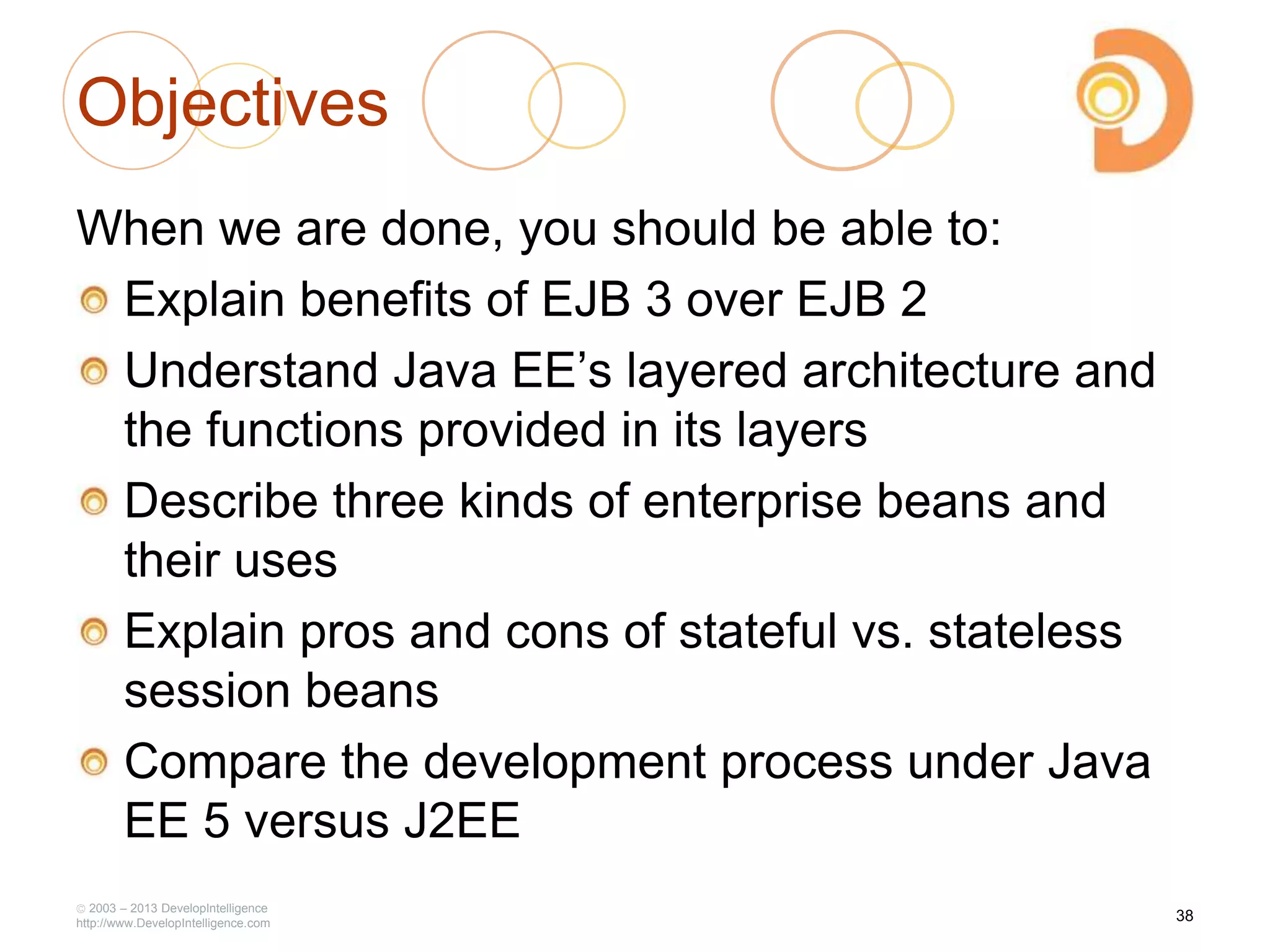 Objectives
When we are done, you should be able to:
Explain benefits of EJB 3 over EJB 2
Understand Java EE‘s layered architecture and
the functions provided in its layers
Describe three kinds of enterprise beans and
their uses
Explain pros and cons of stateful vs. stateless
session beans
Compare the development process under Java
EE 5 versus J2EE
2003 – 2013 DevelopIntelligence
http://www.DevelopIntelligence.com
38
 