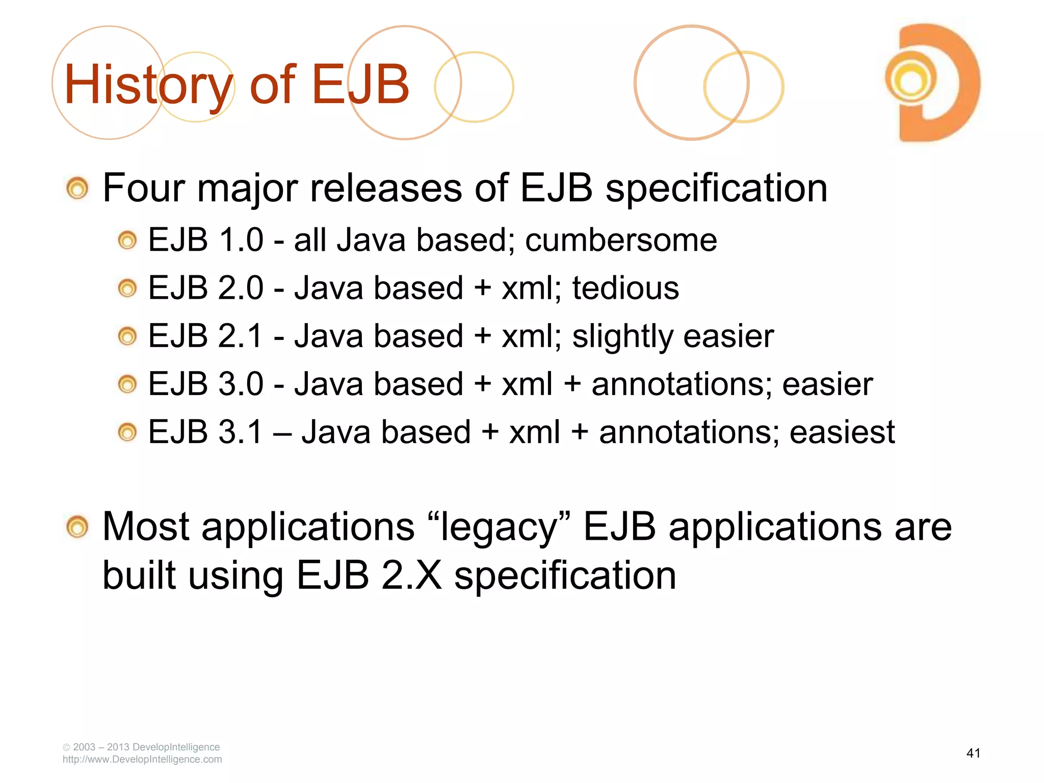 History of EJB
Four major releases of EJB specification
EJB 1.0 - all Java based; cumbersome
EJB 2.0 - Java based + xml; tedious
EJB 2.1 - Java based + xml; slightly easier
EJB 3.0 - Java based + xml + annotations; easier
EJB 3.1 – Java based + xml + annotations; easiest
Most applications ―legacy‖ EJB applications are
built using EJB 2.X specification
2003 – 2013 DevelopIntelligence
http://www.DevelopIntelligence.com
41
 