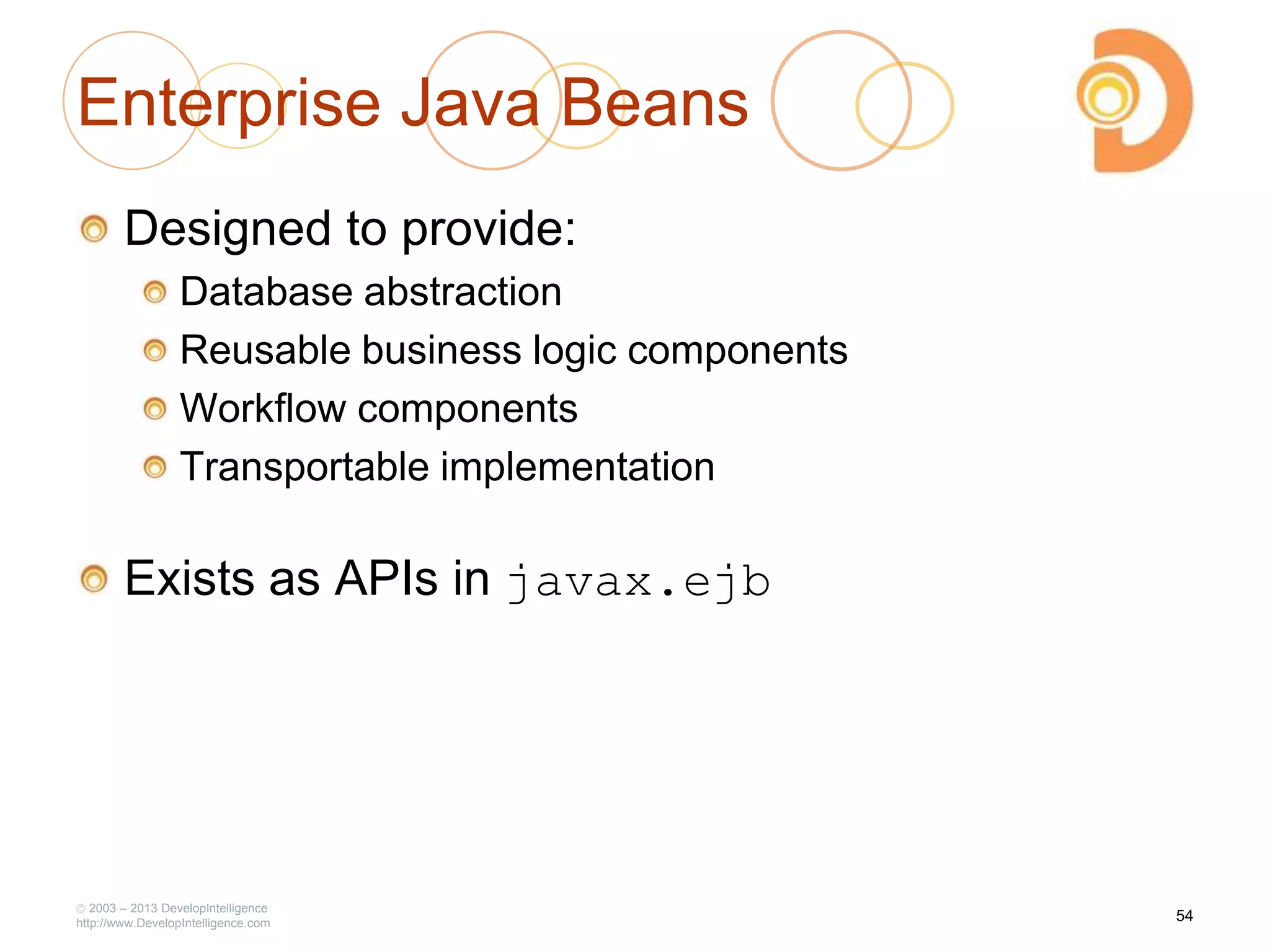 Enterprise Java Beans
Designed to provide:
Database abstraction
Reusable business logic components
Workflow components
Transportable implementation
Exists as APIs in javax.ejb
2003 – 2013 DevelopIntelligence
http://www.DevelopIntelligence.com
54
 