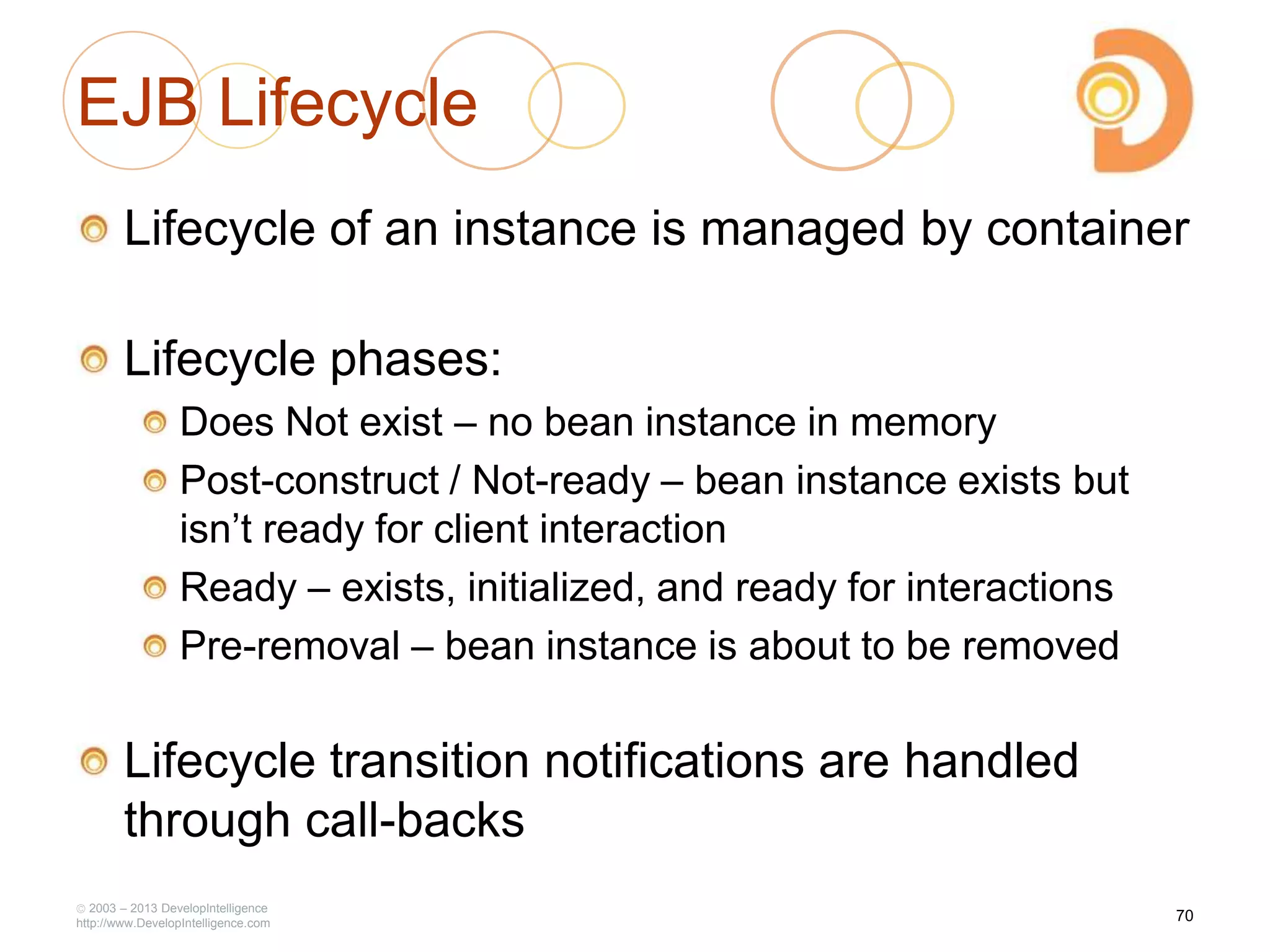 EJB Lifecycle
Lifecycle of an instance is managed by container
Lifecycle phases:
Does Not exist – no bean instance in memory
Post-construct / Not-ready – bean instance exists but
isn‘t ready for client interaction
Ready – exists, initialized, and ready for interactions
Pre-removal – bean instance is about to be removed
Lifecycle transition notifications are handled
through call-backs
2003 – 2013 DevelopIntelligence
http://www.DevelopIntelligence.com
70
 