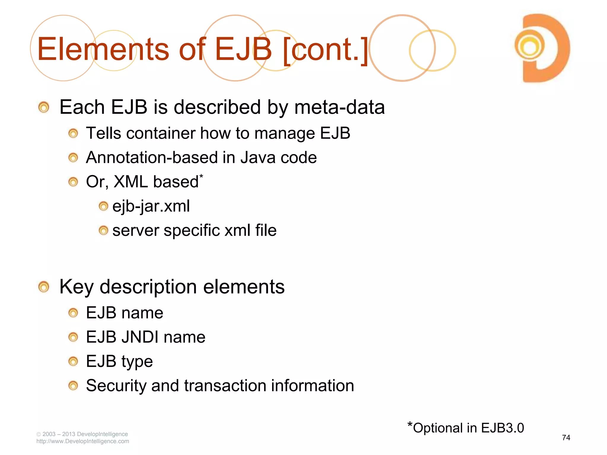 Elements of EJB [cont.]
Each EJB is described by meta-data
Tells container how to manage EJB
Annotation-based in Java code
Or, XML based*
ejb-jar.xml
server specific xml file
Key description elements
EJB name
EJB JNDI name
EJB type
Security and transaction information
2003 – 2013 DevelopIntelligence
http://www.DevelopIntelligence.com
*Optional in EJB3.0
74
 
