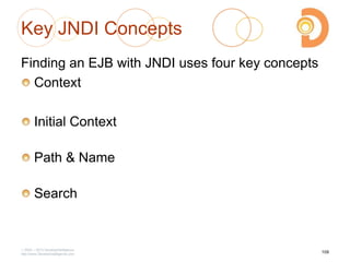 Key JNDI Concepts
Finding an EJB with JNDI uses four key concepts
Context
Initial Context
Path & Name
Search
2003 – 2013 DevelopIntelligence
http://www.DevelopIntelligence.com
109
 