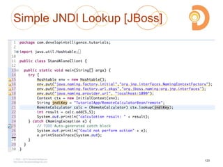 Simple JNDI Lookup [JBoss]
2003 – 2013 DevelopIntelligence
http://www.DevelopIntelligence.com
123
 