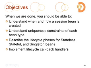 Objectives
When we are done, you should be able to:
Understand when and how a session bean is
created
Understand uniqueness constraints of each
bean type
Describe the lifecycle phases for Stateless,
Stateful, and Singleton beans
Implement lifecycle call-back handlers
2003 – 2013 DevelopIntelligence
http://www.DevelopIntelligence.com
148
 