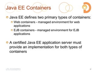 Java EE Containers
Java EE defines two primary types of containers:
Web containers - managed environment for web
applications
EJB containers - managed environment for EJB
applications
A certified Java EE application server must
provide an implementation for both types of
containers
2003 – 2013 DevelopIntelligence
http://www.DevelopIntelligence.com
17
 