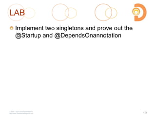 LAB
Implement two singletons and prove out the
@Startup and @DependsOnannotation
2003 – 2013 DevelopIntelligence
http://www.DevelopIntelligence.com
172
 