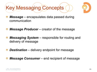 Key Messaging Concepts
Message – encapsulates data passed during
communication
Message Producer – creator of the message
Messaging System – responsible for routing and
delivery of message
Destination – delivery endpoint for message
Message Consumer – end recipient of message
2003 – 2013 DevelopIntelligence
http://www.DevelopIntelligence.com
178
 