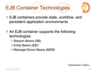 2003 – 2013 DevelopIntelligence
http://www.DevelopIntelligence.com
EJB Container Technologies
EJB containers provide state, workflow, and
persistent application environments
An EJB container supports the following
technologies:
Session Beans (SB)
Entity Beans (EB)*
Message Driven Beans (MDB)
23
* Deprecated in EJB3.x
 