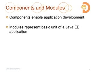 2003 – 2013 DevelopIntelligence
http://www.DevelopIntelligence.com
Components and Modules
Components enable application development
Modules represent basic unit of a Java EE
application
27
 