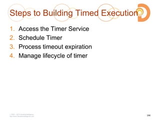 Steps to Building Timed Execution
1. Access the Timer Service
2. Schedule Timer
3. Process timeout expiration
4. Manage lifecycle of timer
2003 – 2013 DevelopIntelligence
http://www.DevelopIntelligence.com
298
 