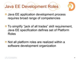 2003 – 2013 DevelopIntelligence
http://www.DevelopIntelligence.com
Java EE Development Roles
Java EE application development process
requires broad range of competencies
To simplify ―jack of all trades‖ skill requirement,
Java EE specification defines set of Platform
Roles
Not all platform roles are realized within a
software development organization
33
 