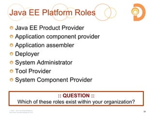 2003 – 2013 DevelopIntelligence
http://www.DevelopIntelligence.com
Java EE Platform Roles
Java EE Product Provider
Application component provider
Application assembler
Deployer
System Administrator
Tool Provider
System Component Provider
34
:: QUESTION ::
Which of these roles exist within your organization?
 