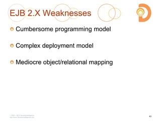 EJB 2.X Weaknesses
Cumbersome programming model
Complex deployment model
Mediocre object/relational mapping
2003 – 2013 DevelopIntelligence
http://www.DevelopIntelligence.com
43
 