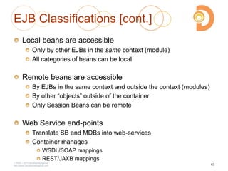 EJB Classifications [cont.]
Local beans are accessible
Only by other EJBs in the same context (module)
All categories of beans can be local
Remote beans are accessible
By EJBs in the same context and outside the context (modules)
By other ―objects‖ outside of the container
Only Session Beans can be remote
Web Service end-points
Translate SB and MDBs into web-services
Container manages
WSDL/SOAP mappings
REST/JAXB mappings
2003 – 2013 DevelopIntelligence
http://www.DevelopIntelligence.com
62
 