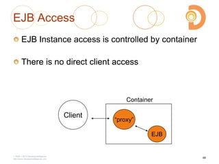 EJB Access
EJB Instance access is controlled by container
There is no direct client access
2003 – 2013 DevelopIntelligence
http://www.DevelopIntelligence.com
―proxy‖
EJB
Client
Container
68
 