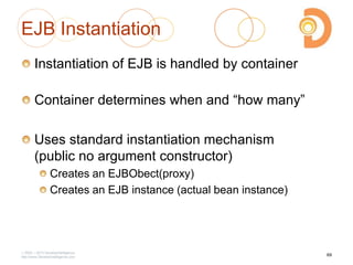 EJB Instantiation
Instantiation of EJB is handled by container
Container determines when and ―how many‖
Uses standard instantiation mechanism
(public no argument constructor)
Creates an EJBObect(proxy)
Creates an EJB instance (actual bean instance)
2003 – 2013 DevelopIntelligence
http://www.DevelopIntelligence.com
69
 