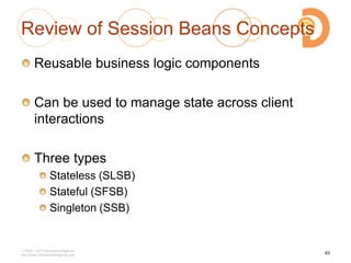 Review of Session Beans Concepts
Reusable business logic components
Can be used to manage state across client
interactions
Three types
Stateless (SLSB)
Stateful (SFSB)
Singleton (SSB)
2003 – 2013 DevelopIntelligence
http://www.DevelopIntelligence.com
83
 