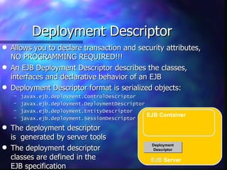Deployment Descriptor
q   Allows you to declare transaction and security attributes,
    NO PROGRAMMING REQUIRED!!!
q   An EJB Deployment Descriptor describes the classes,
    interfaces and declarative behavior of an EJB
q   Deployment Descriptor format is serialized objects:
    –   javax.ejb.deployment.ControlDescriptor
    –   javax.ejb.deployment.DeploymentDescriptor
    –   javax.ejb.deployment.EntityDescriptor
    –
                                                  EJB Container
        javax.ejb.deployment.SessionDescriptor
q   The deployment descriptor
    is generated by server tools
    The deployment descriptor
                                                   Deployment
q                                                   Descriptor

    classes are defined in the                     EJB Server
    EJB specification
 