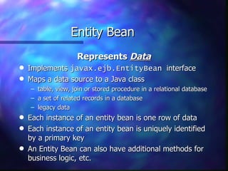Entity Bean
                      Represents Data
q   Implements javax.ejb.EntityBean interface
q   Maps a data source to a Java class
    –   table, view, join or stored procedure in a relational database
    –   a set of related records in a database
    –   legacy data
q   Each instance of an entity bean is one row of data
q   Each instance of an entity bean is uniquely identified
    by a primary key
q   An Entity Bean can also have additional methods for
    business logic, etc.
 