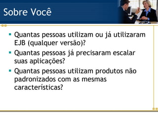 Sobre Você Quantas pessoas utilizam ou já utilizaram EJB (qualquer versão)? Quantas pessoas já precisaram escalar suas aplicações? Quantas pessoas utilizam produtos não padronizados com as mesmas características? 