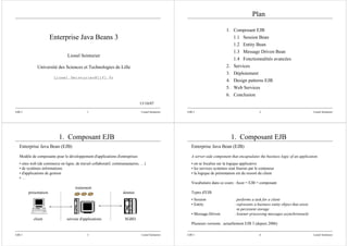 Plan

                                                                                                                         1. Composant EJB
                       Enterprise Java Beans 3                                                                              1.1 Session Bean
                                                                                                                            1.2 Entity Bean
                                                                                                                            1.3 Message Driven Bean
                               Lionel Seinturier
                                                                                                                            1.4 Fonctionnalités avancées
             Université des Sciences et Technologies de Lille                 