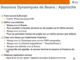 Sessions Dynamiques de Beans : Approche

 Faire nouvel EJB projet
   Fichier Nouveau projet EJB
 Définir une interface
     Marque avec @ Remote
   Pour accéder à d'autres serveurs ou de projets sur le même serveur
   Marque avec @ Local
   Pour ne permettre l'accès de projets sur un même serveur (par défaut)
 Créer une classe qui implémente l'interface
   Marque avec @ Dynamique pour serveur JNDI cartographie
   Marque avec @ (Stateful mappedName = "SomeJndiName")
   Marquer une méthode avec @ Retirer
   Lorsqu'elle est appelée, le serveur termine la session et l'instance de
    GC
 Déployer application serveur
   cliquez R-sur serveur, Ajouter / Supprimer des projets, de démarrer le serveur
                                                                                     38
 